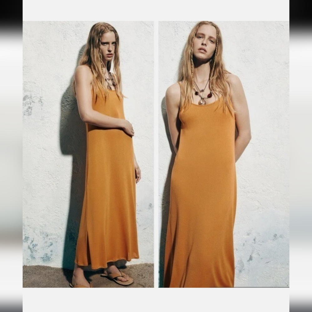 ZARA MUSTARD YELLOW MIDI RIBBED STRETCH DRESS SMALL BLOGGER FAV